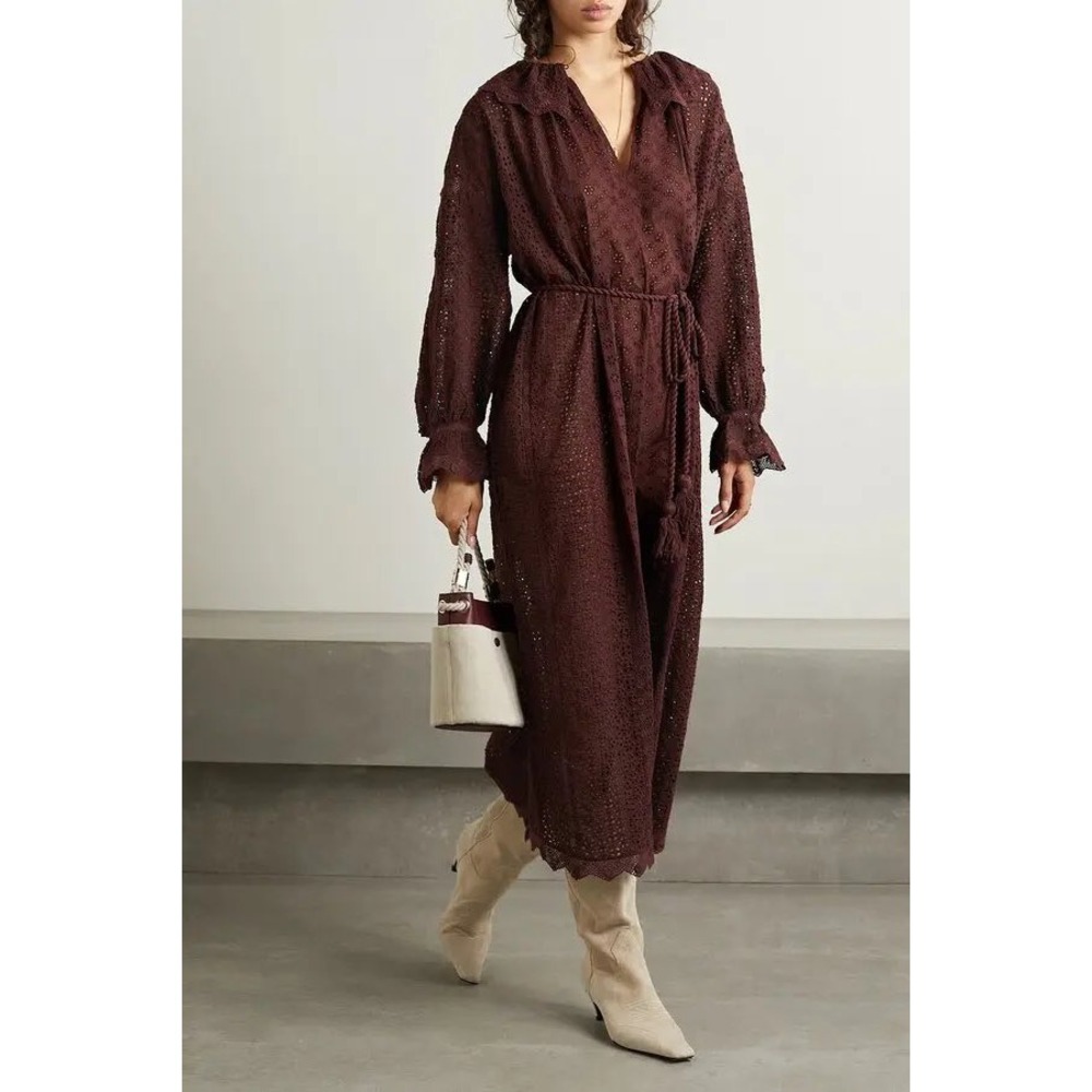 DOEN Womens Cottage Brown Eyelet Persephone Maxi Dress Ruffle Size S Whimsigoth‎